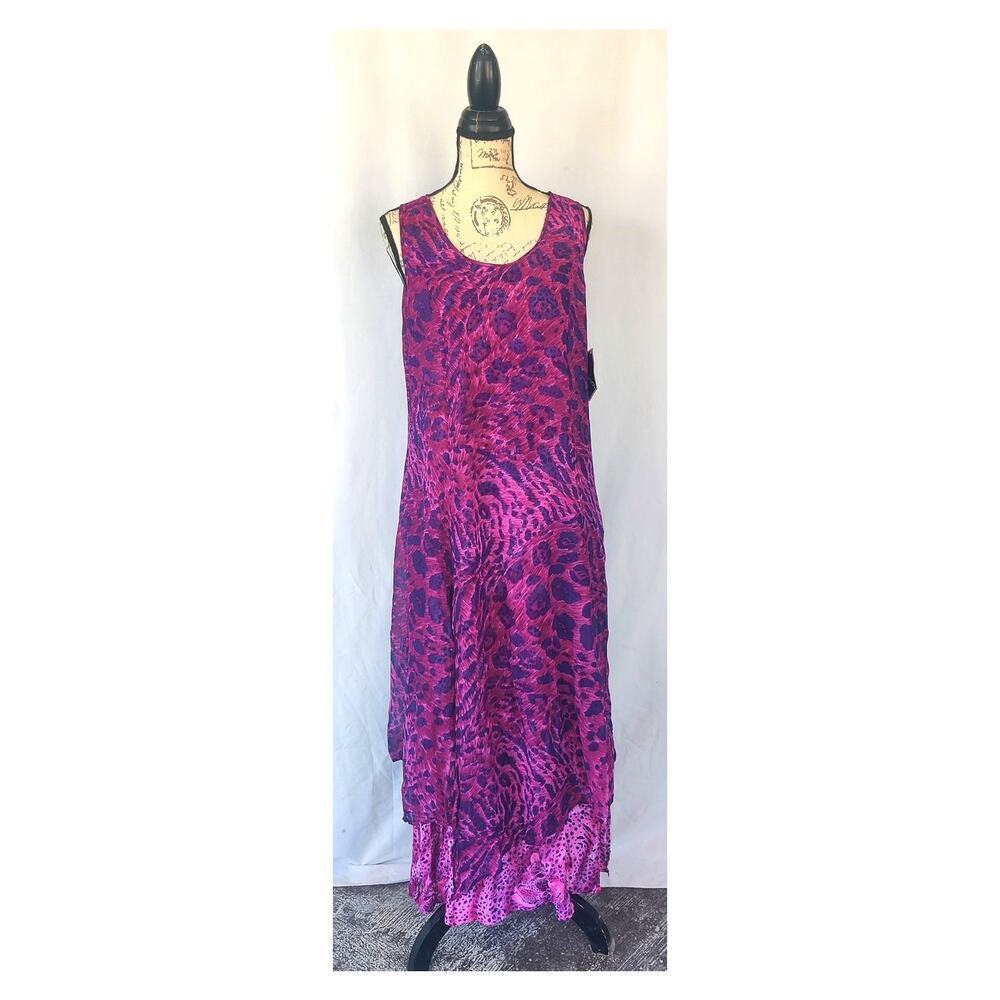 Phool Vintage Overlay Rayon Sleeveless Midi Dress S Purple‎ Pink Animal Print